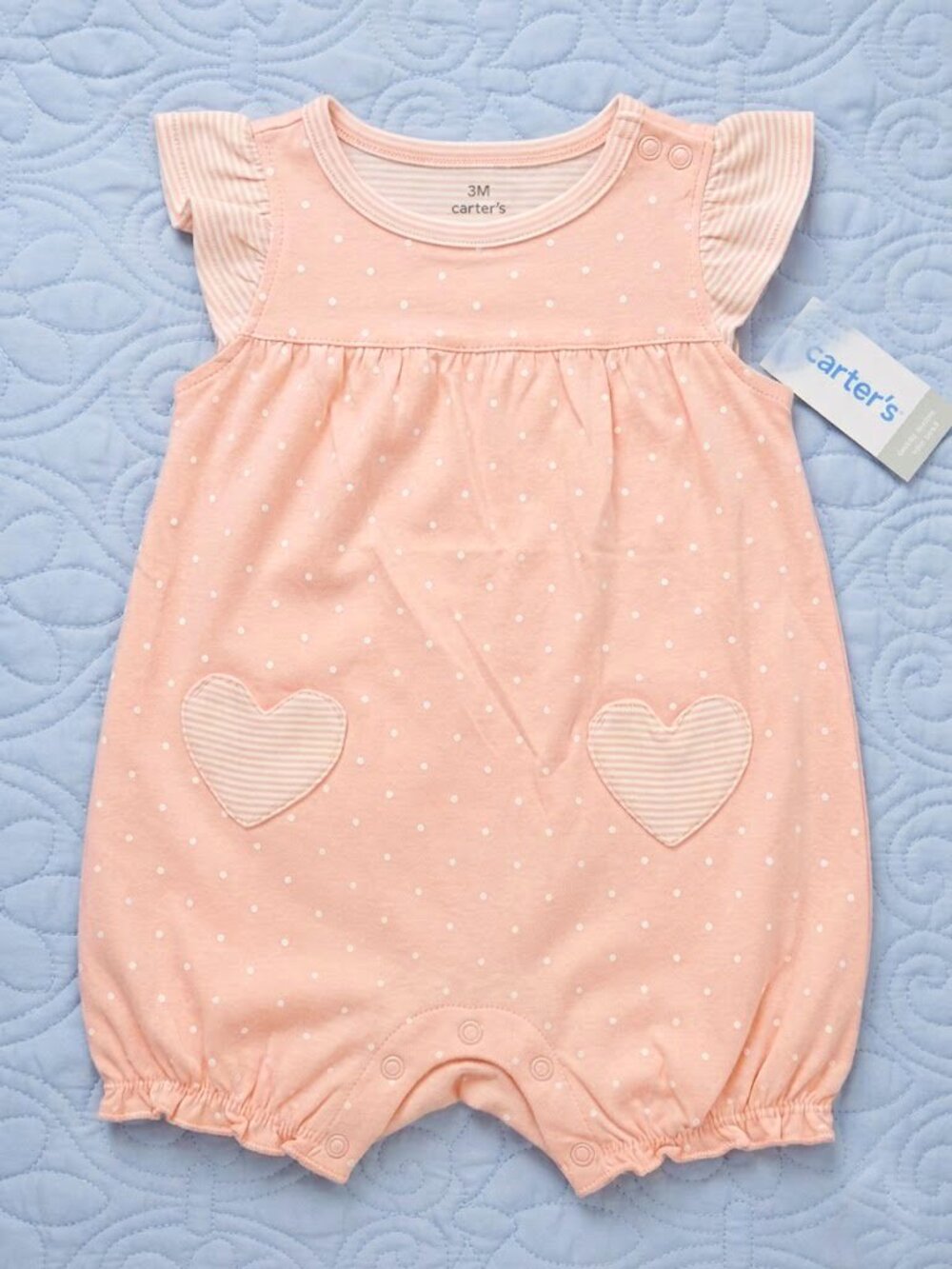 NWT Carter's Sweet Baby Girl Heart Pocket Romper - Pink/White - 6 Months - Picture 2 of 10